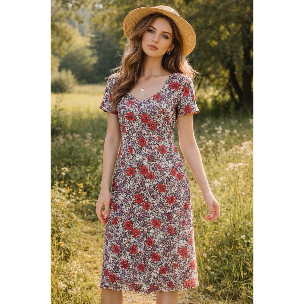 Vintage Santa Fe Floral Midi Dress Size 10 Cottagecore Prairie Red Flower Boho